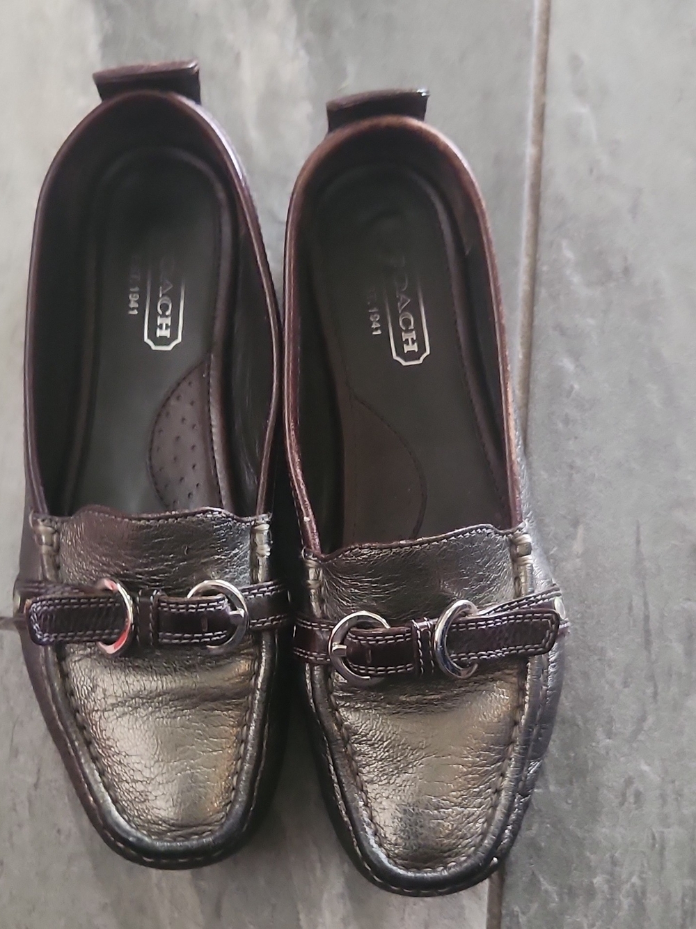 Coach Women's Brown And Gray Leather Loafers with Silver Bit
